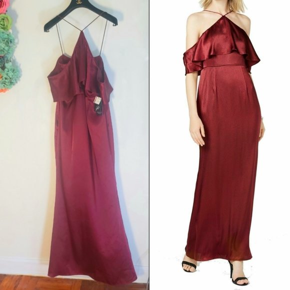 NWT ADRIANNA PAPELL Wine Satin Ruffle Gown Dress 6 - Picture 3 of 10